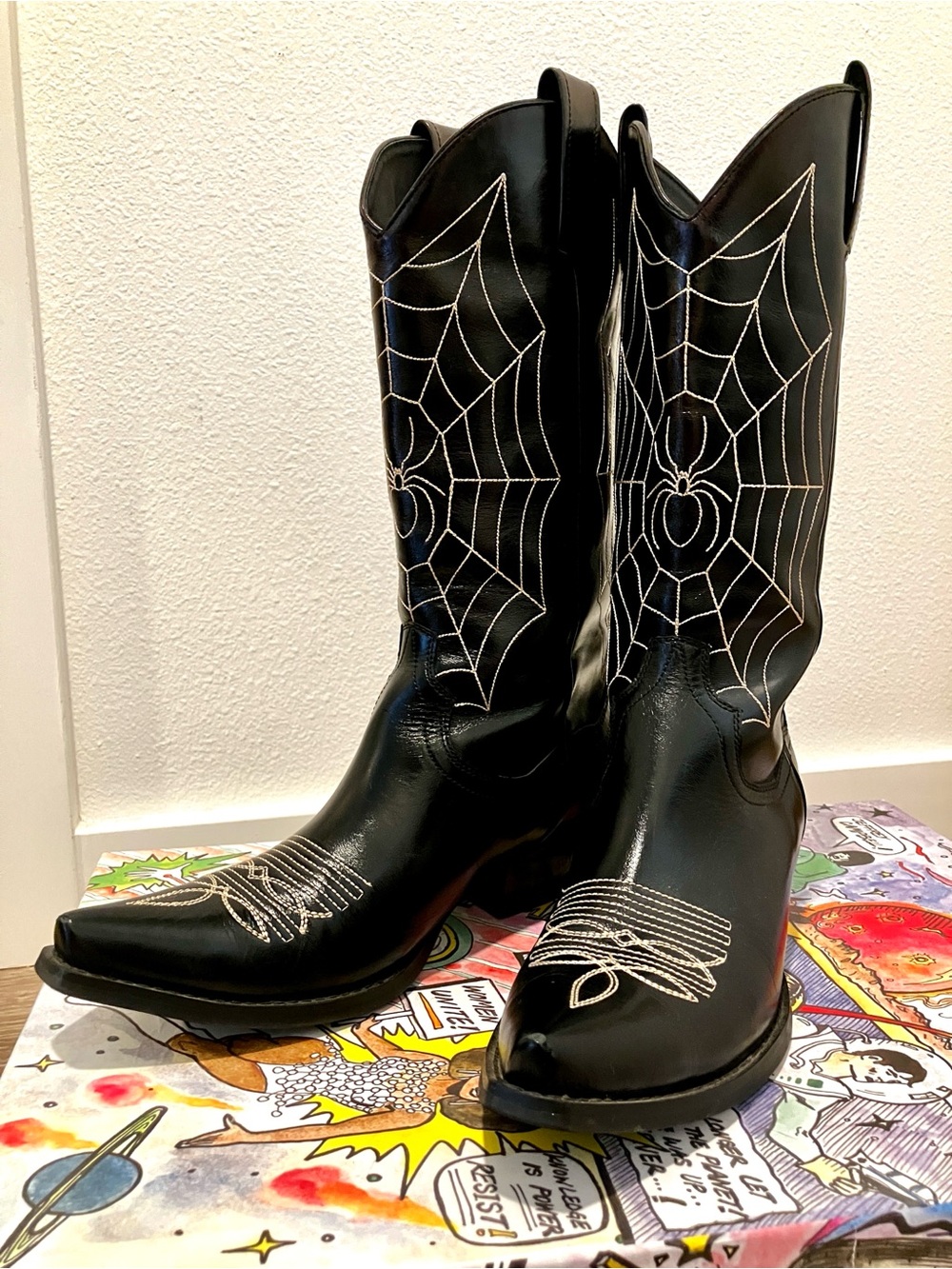 Jeffrey Campbell Black Cowboy Boots with White Spider Web Stitching - Picture 2 of 10